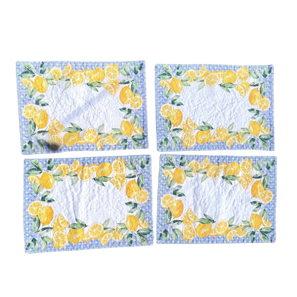 Lillian August Lemon‎ Print Placemats Set of 4 Blue White Yellow Citrus Summer